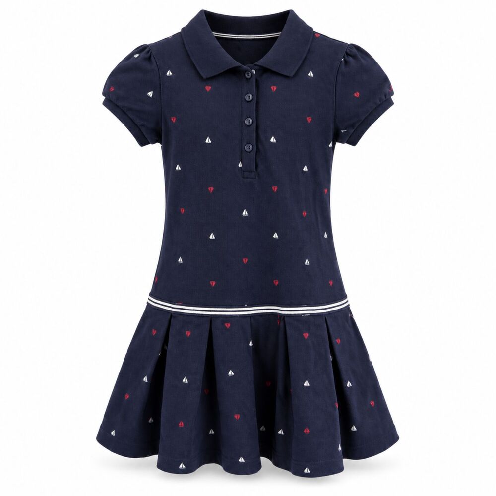 Nautica Sailboat Drop Waist Polo Collar Dress S/S Girls Sz 12 Navy Preppy School